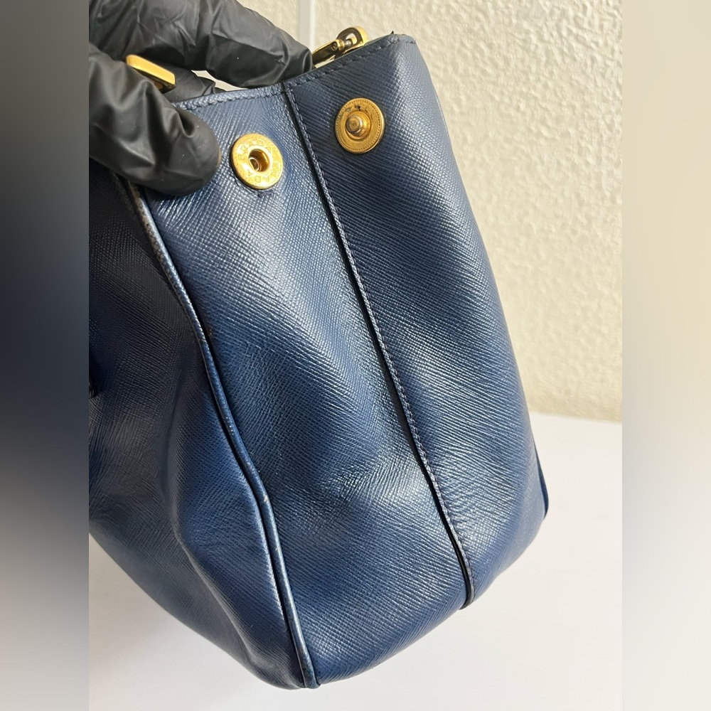 Prada Navy Saffiano Leather Double-Handle Satchel with Gold Hardware - Picture 16 of 16